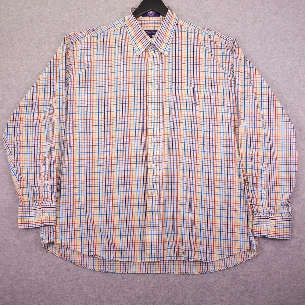 Alan Flusser Shirt Mens XXL Orange Blue Yellow Plaid Long Sleeve Button Down